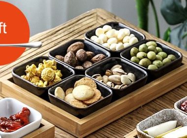 Japan Style Ceramic Fruits Plates with Bamboo Serving Tray