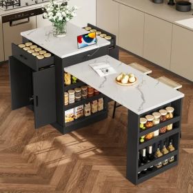 Extendable Island Console With Drawers, Double-door Cabinet, And Open Shelving. Serves As Dining Table, Temporary Breakfast Bar, And Afternoon Te