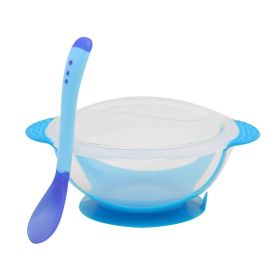 KidKeeper Bowl and Spoon Anti-slip Suction Base with Heat Sensing Spoon (Option: Blue)