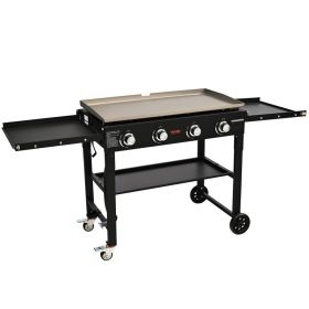 Commercial Griddle On Cart, 36' Heavy Duty Manual Flat Top Griddle, Outdoor Cooking Station With Side Shelves, Steel Natural Gas Griddle, 4-Burne (Option: Food Service)