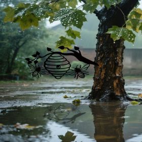 CIFbuy Sunny Yellow Honeycomb Iron Wall Art Outdoor Bee And Tree Silhouette Garden Hanging Decor For Patio Yard Backyard(TikTok, Temu Pick-up Ser (Option: defaulttitle)