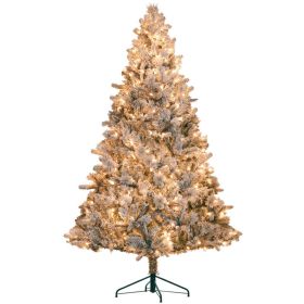 HOMCOM 7.5 Ft Pre-Lit Artificial Christmas Tree With 500 Clear Lights And 1530 Tips, Snow Flocked Christmas Tree With Metal Stand, Hinged Xmas Tr (Option: green)