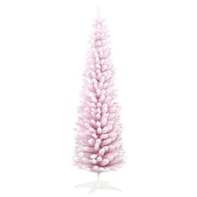7' Decorated Christmas Tree Snow Flocked Artificial Christmas Tree with Pencil Shape, Realistic Branches, Pink (Option: Pink-1000x240x280 mm)