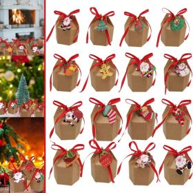 24 Pcs Christmas Treat Boxes With Cards And Ribbon Xmas Tree Santa Kraft Gift Boxes Cute Gift Case Printed With Santa Claus Elk Snowman Christmas (Option: 24Pcs)